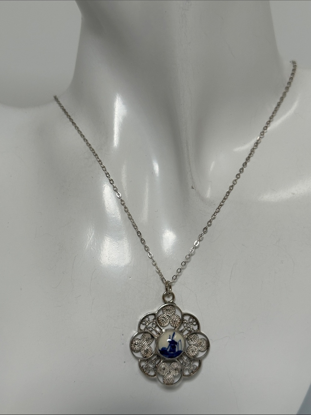 Sterling Silver Floral Filigree Pendant with Porcelain Blue Accent Necklace